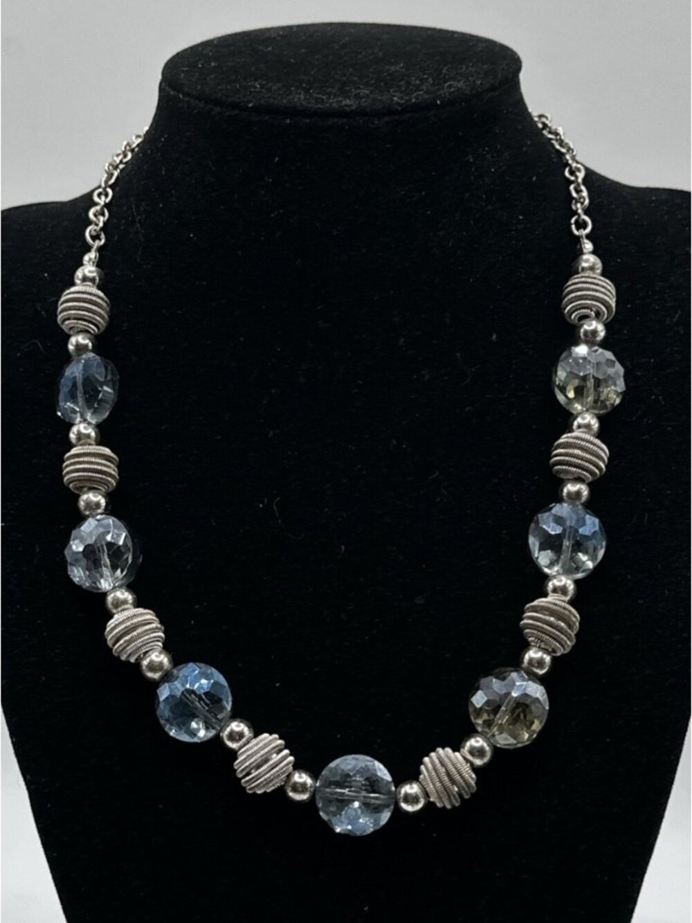 Monet Textured  Silver Tone/ Blue Faceted Glass Bead necklace